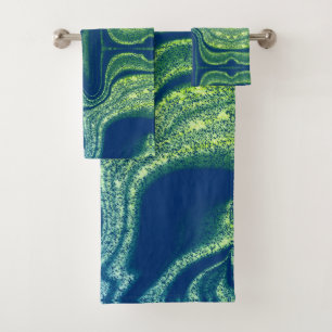 Modern navy blue green abstract marble pattern bath towel set