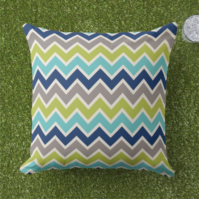 Modern Navy Blue Green and Grey Chevron Outdoor Cushion (Grass)