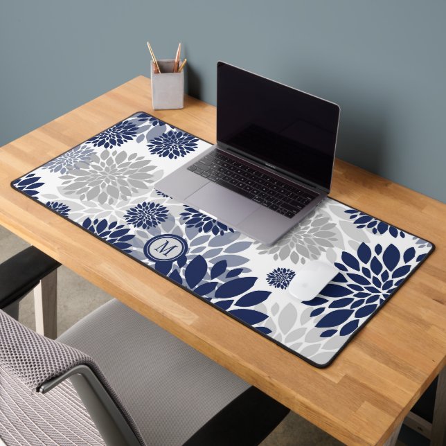 Modern Navy Blue Grey Flower Pattern Desk Mat (Office 2)