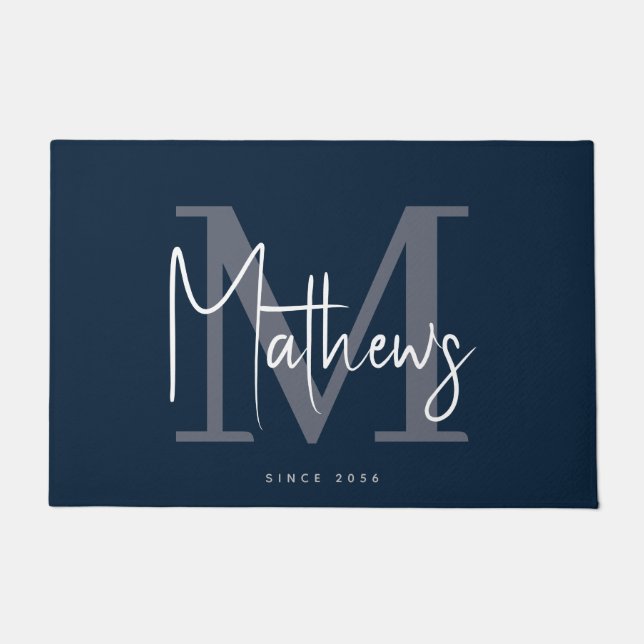 Modern Navy Blue Grey Monogram Family Name Doormat (Front)