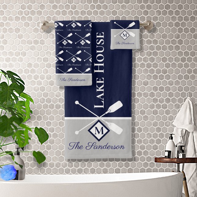 Modern Navy Blue Grey Monogram Lake House Nautical Bath Towel Set (Creator Uploaded)