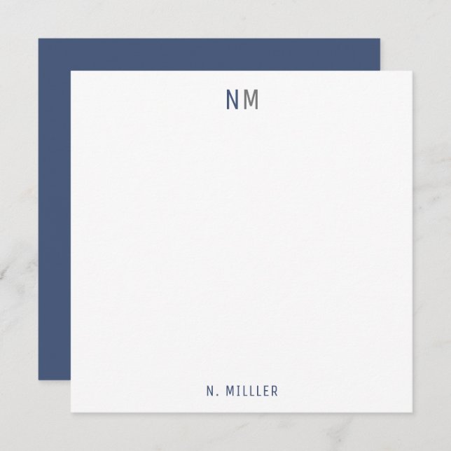 Modern Navy Blue Grey Monogram Two Initials Flat Card (Front/Back)