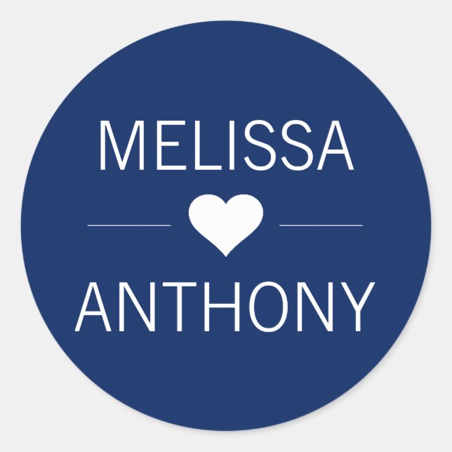 Modern Navy Blue Heart White Wedding Monogram Classic Round Sticker (Front)