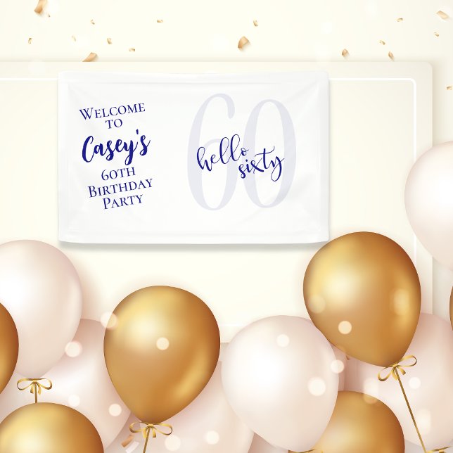 Modern Navy Blue Hello Sixty Birthday Banner (Creator Uploaded)