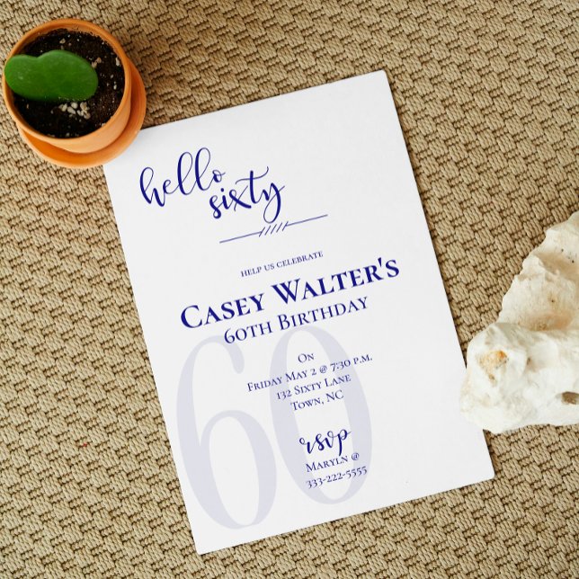 Modern Navy Blue Hello Sixty Birthday Invitations (Creator Uploaded)
