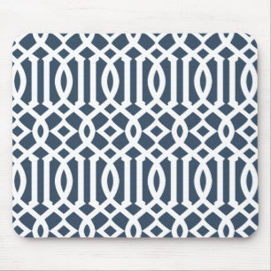 Modern Navy Blue Imperial Trellis Pattern Mouse Pad