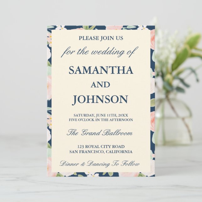 Modern Navy Blue Ivory Floral Monogram Wedding Invitation (Standing Front)