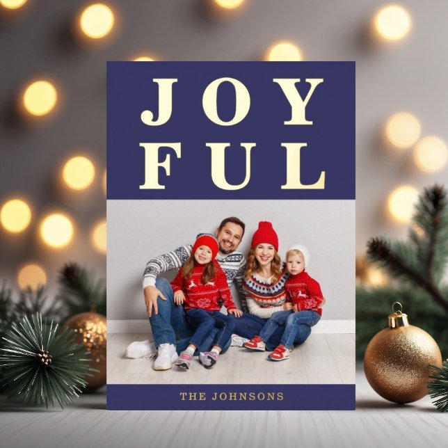 Modern Navy Blue Joyful Photo Christmas Gold Foil Holiday Card (Modern Navy Blue Joyful Photo Christmas Gold Foil Holiday Card)