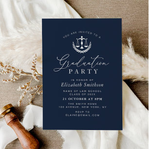 modern navy blue law school graduation party invitation