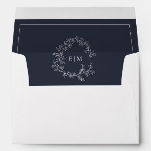 Modern Navy Blue Leafy Crest Monogram Wedding Envelope