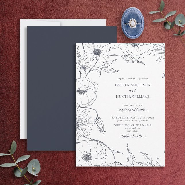 Modern Navy Blue Line Art Floral Wedding Invitation (Creator Uploaded)