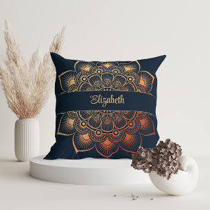 Modern Navy Blue Mandala Custom Name Cushion
