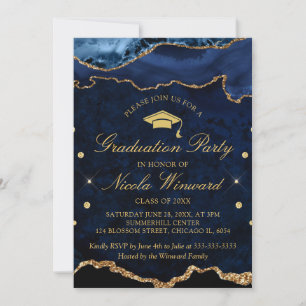 Modern Navy Blue Marble Agate Graduation Party Invitation