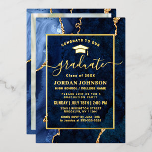 Modern Navy Blue Marble Graduation Party Gold