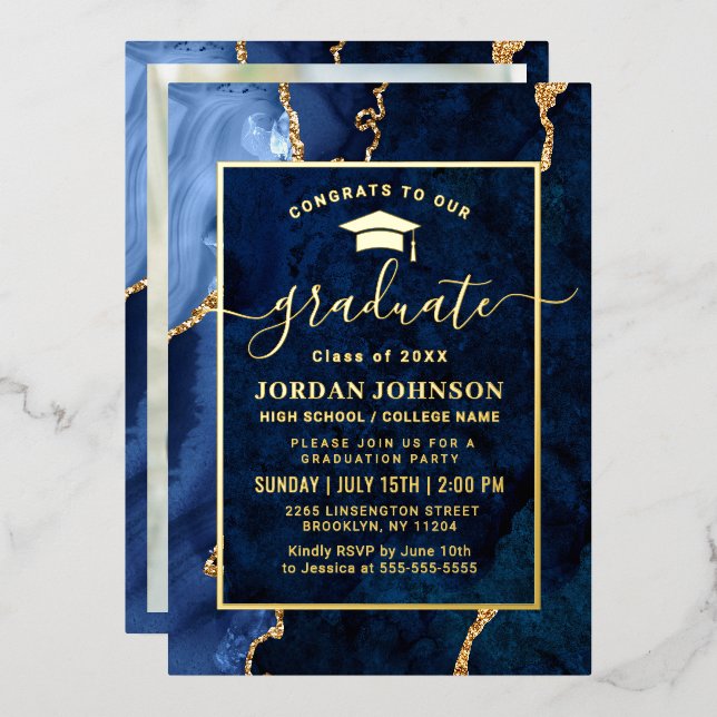 Modern Navy Blue Marble Graduation Party Gold (Front/Back)
