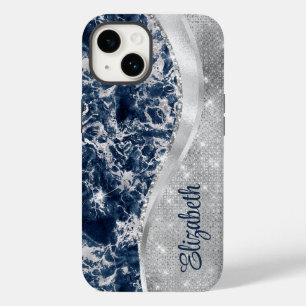 Modern Navy Blue Marble Silver Glitter Monogram Case-Mate iPhone 14 Case