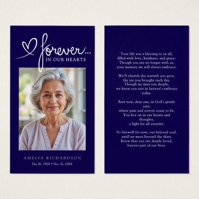 Modern Navy Blue Memorial Prayer Photo Card (Front & Back)