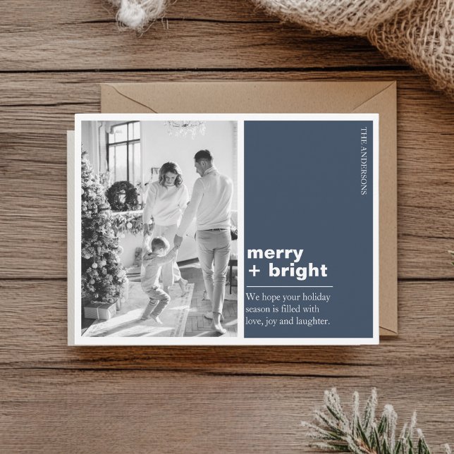 Modern Navy Blue Merry + Bright Christmas Photo  Postcard (Creator Uploaded)