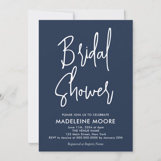 Modern Navy Blue Minimal Bridal Shower Invitation (Front)