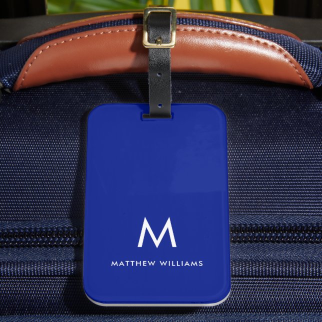 Modern Navy Blue Minimal Monogram Custom Luggage Tag (Front Insitu 2)