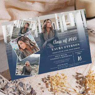 Modern navy blue minimalist photo graduation invitation