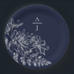 Modern Navy Blue Monogram Floral Paper Plate<br><div class="desc">Bring modern elegance to your reception with this beautiful plate.</div>