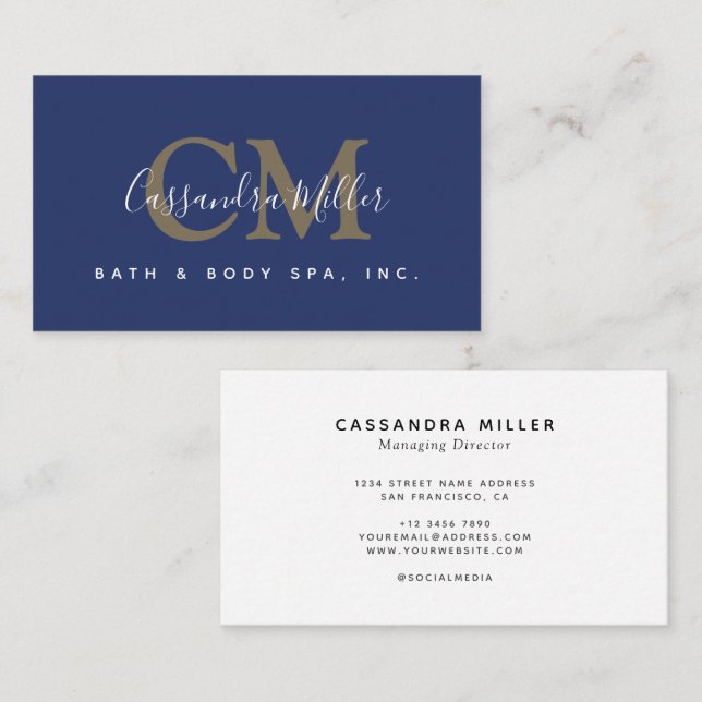 Modern Navy Blue Monogram Name Professional Business Card (Front/Back)