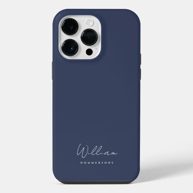 Modern Navy Blue Monogram Name Script iPhone Case (Back)