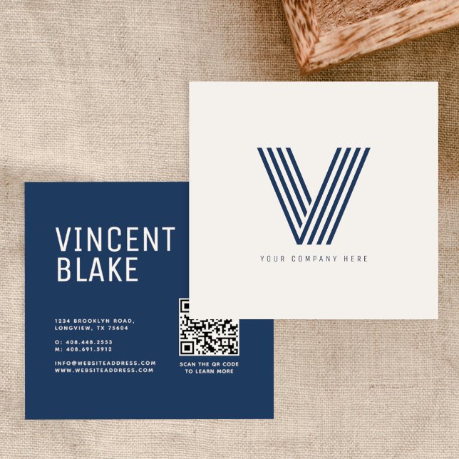 Modern Navy Blue Monogram QR Code Professional Square Business Card (Creator Uploaded)