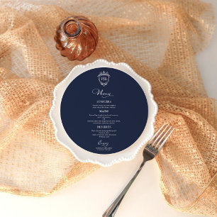 Modern Navy Blue Monogram Round Wedding Menu Card