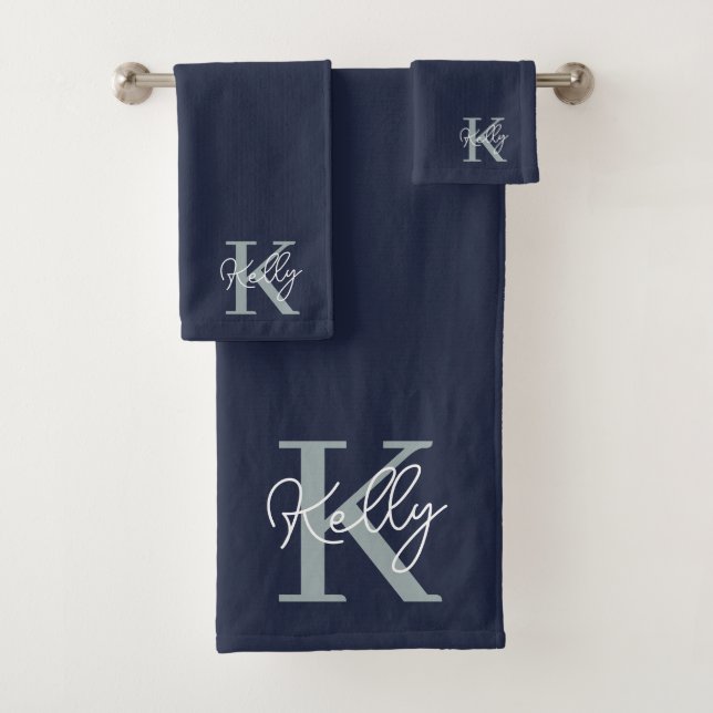 Modern Navy Blue Monogram Script Bath Towel Set (Insitu)
