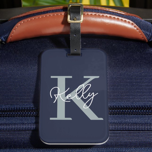 Modern Navy Blue Monogram Script Luggage Tag (Front Insitu 2)
