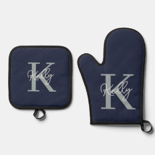Modern Navy Blue Monogram Script Oven Mitt & Pot Holder Set