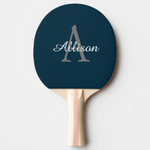 Modern Navy Blue Monogram Script Personalised Ping Pong Paddle