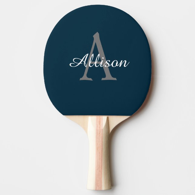 Modern Navy Blue Monogram Script Personalised Ping Pong Paddle (Front)