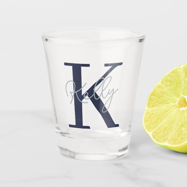 Modern Navy Blue Monogram Script Shot Glass (Front)
