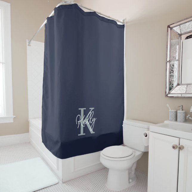 Modern Navy Blue Monogram Script Shower Curtain (In Situ)