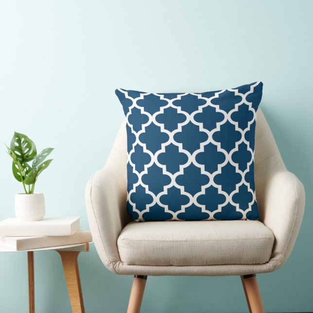 Modern Navy Blue Moroccan Quatrefoil Pattern Cushion (Chair)