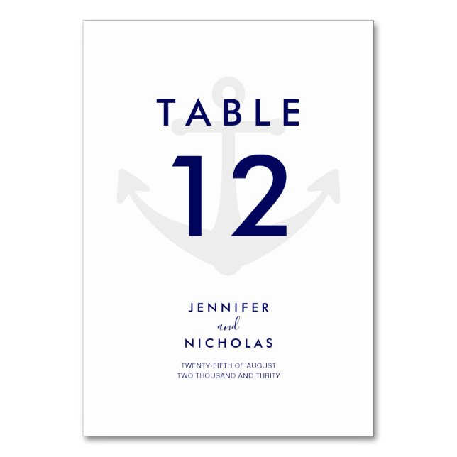 Modern Navy Blue Nautical Anchor Wedding Table Number (Front)