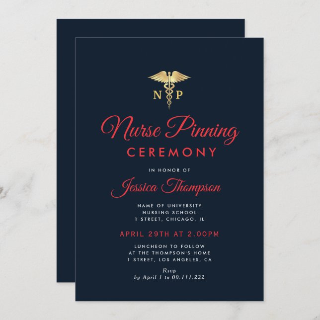 Modern navy blue Nurse pinning ceremony Invitation (Front/Back)