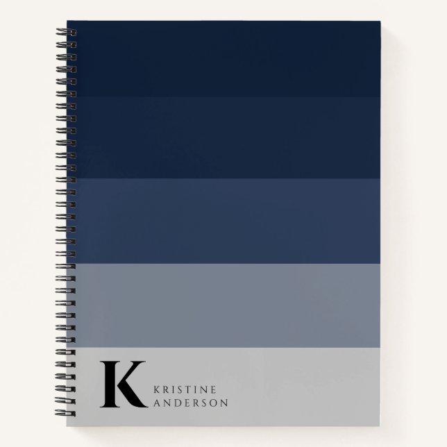 Modern Navy Blue Ombre Grey Classic Monogram Notebook (Front)