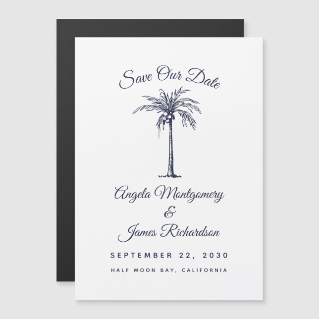 Modern Navy Blue Palm Beach Wedding Save the Date Magnetic Invitation (Front/Back)