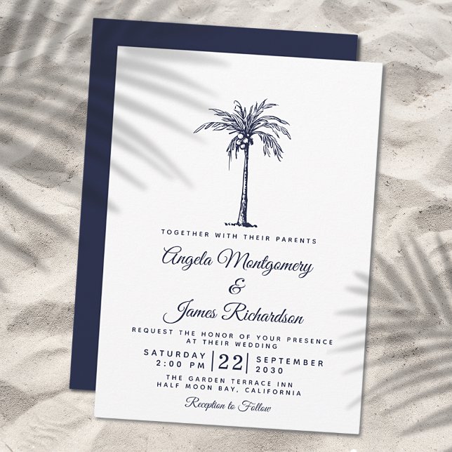 Modern Navy Blue Palm Tree Tropical Beach Wedding Invitation (Creator Uploaded)