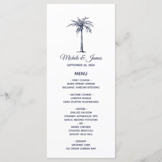 Modern Navy Blue Palm Tree Tropical Beach Wedding Menu
