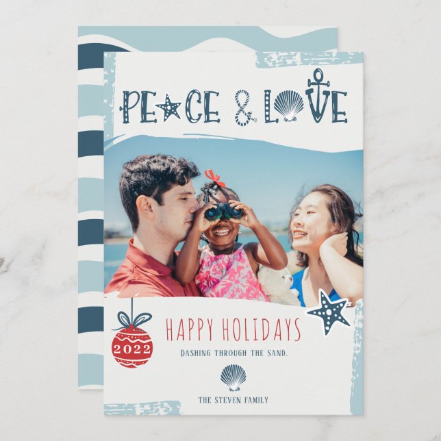 Modern navy blue peace love beach Christmas photo Holiday Card (Front/Back)