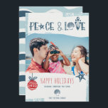 Modern navy blue peace love beach Christmas photo Holiday Card<br><div class="desc">Modern coastal seaside muted navy blue and red blue peace love beach Christmas photo with hand lettered rope pattern, anchor , clam and star fish. Spending the holidays on the beach in the South Hemisphere! Dashing through the sand! With turquoise and navy blue editable colours and brushstroke overlay photo. With...</div>