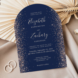 Modern Navy Blue Peach Glitter Arch Wedding Invitation
