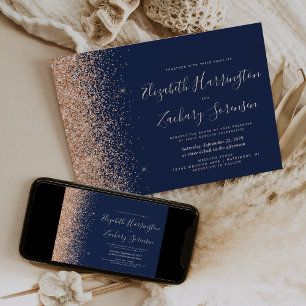 Modern Navy Blue Peach Glitter Wedding Invitation
