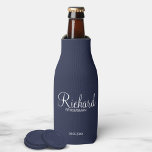 Modern Navy Blue Personalised Groomsman Bottle Cooler<br><div class="desc">Personalised Groomsman Gifts
featuring personalised groomsman's name in white modern script font style with title and wedding date in modern sans serif font style on navy blue background.

Also perfect for best man,  father of the bride,  bridesmaid,  maid of honour,  mother of the bride and more.</div>