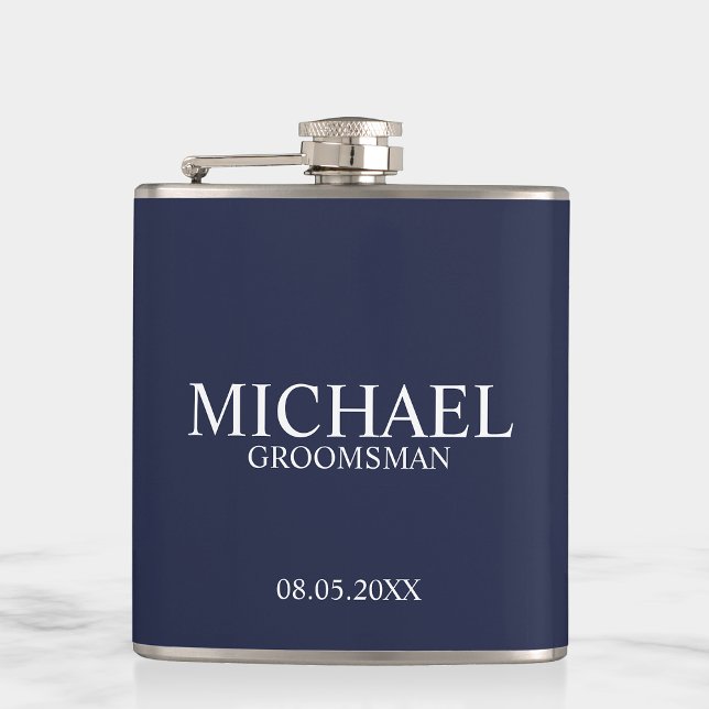 Modern Navy Blue Personalised Groomsman Hip Flask (Creator Uploaded)